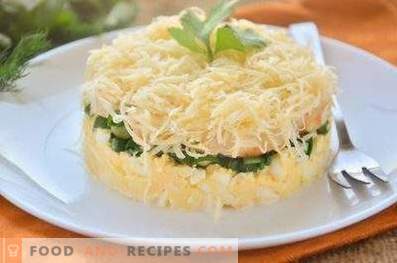 Слоена салата со пилешко, јајце и зелен кромид