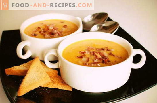 Пире од чиста супа - познато од детството. Едноставни и оригинални рецепти на пире од супа од грашок: со сланина, гради, пармезан